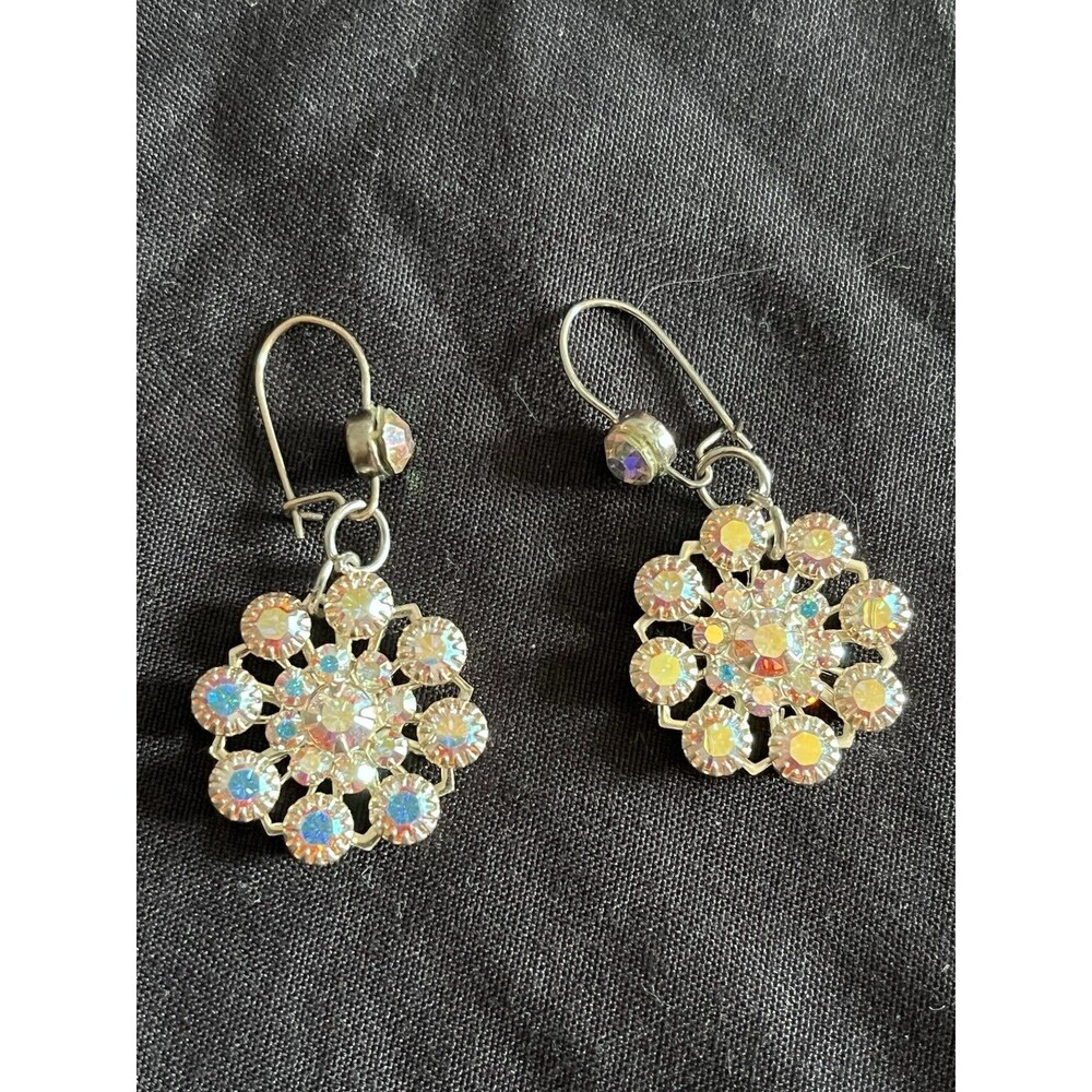 Elegant handcrafted Silver tone and aurora borealis Drop Earrings